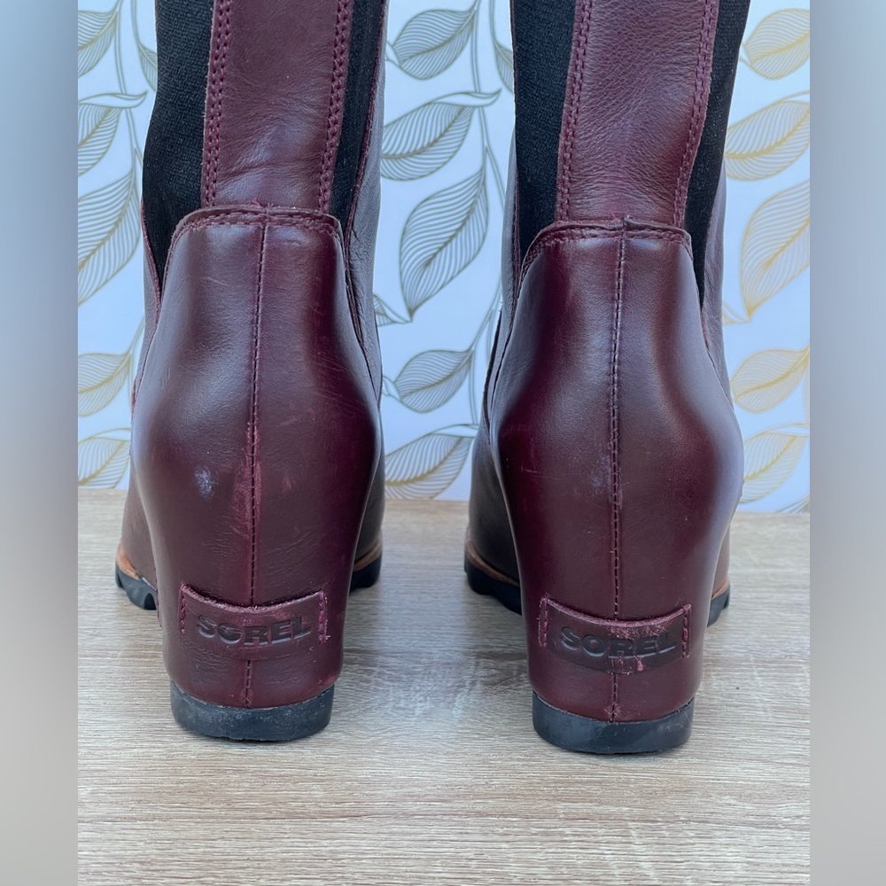 Sorel Fiona OTK Wedge Boots in Dark Burgundy Leather | Size 8.5 - Picture 8 of 10